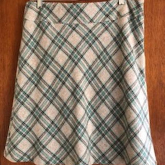 Talbots Teal/Grey/Cream Plaid A-line skirt, Size 8, Wool/Viscose blend - Picture 1 of 2
